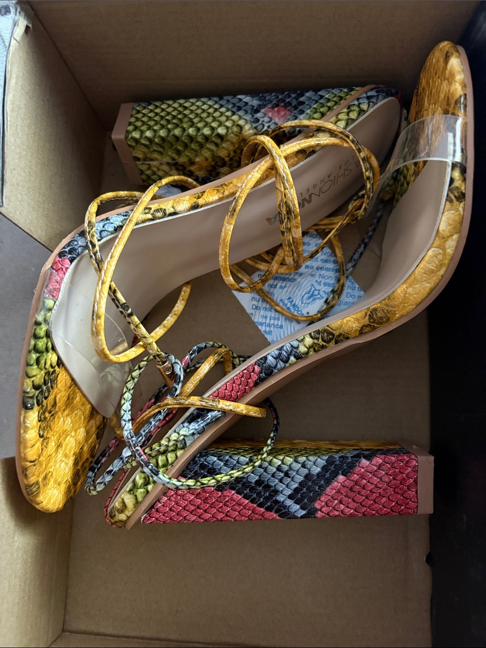 Fashion Nova Misty Snake-Print Strappy Block Heel - Yellow Multi W7